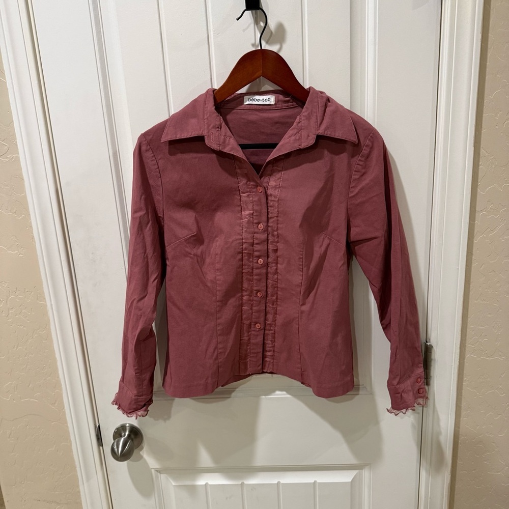 Bebe-Top Women’s Pink Button Front Blouse Long Sleeve Collared Size S